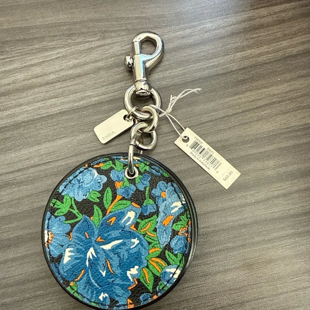 Coach Floral Print Mirror Bag Charm Key Ring F58500 Black Blue Orange‎ New